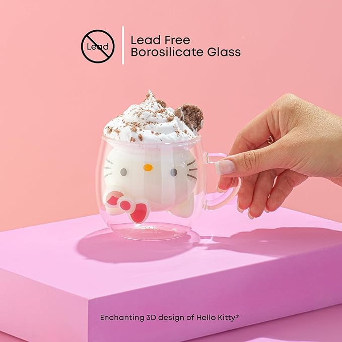 JoyJolt Hello Kitty 3D Espresso Cup, 5.5 oz Double Wall Glass Cup with 3D Design, Insulated Espresso Shot Glass, Kawaii Sanrio Cup for Double Shot Coffee or Tea, Hello Kitty Kitchen Stuff