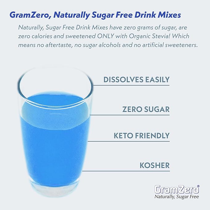 GramZero All Natural Blue Raspberry Zero Calorie Sugar Free Drink Mix, Great For Nutrition Club Loaded Tea, Stevia Sweetened
