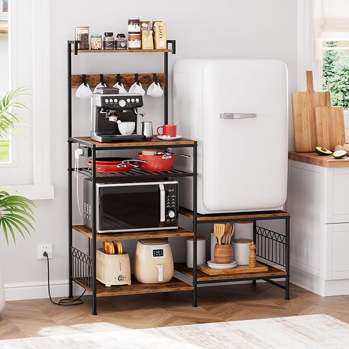 Portin Kitchen Shelf Bakers Rack with Power Outlet, Mini Fridge and Microwave Stand Coffee Bar Table with S-Hooks, Storage Shelf Rack for Spices, Pots and Pans - Rustic Brown