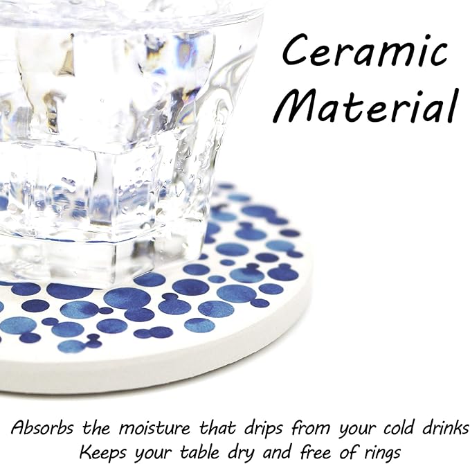 AD Set of 6 Coasters for Drinks Absorbing Round Ceramic Stone Coaster with Cork Base,Tabletop Protection Mat for Mugs and Cups,Office,Kitchen (Indigo Blue)