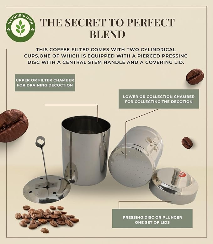 Nature's Own South Indian Phin Filter Coffee Maker Stainless Steel, 3-4 Cup Madras Coffee Maker, Permanent Brew Kaapi Drip Decoction Maker Dripper Pour Over Coffee Makers for Home & Kitchen- 250ml