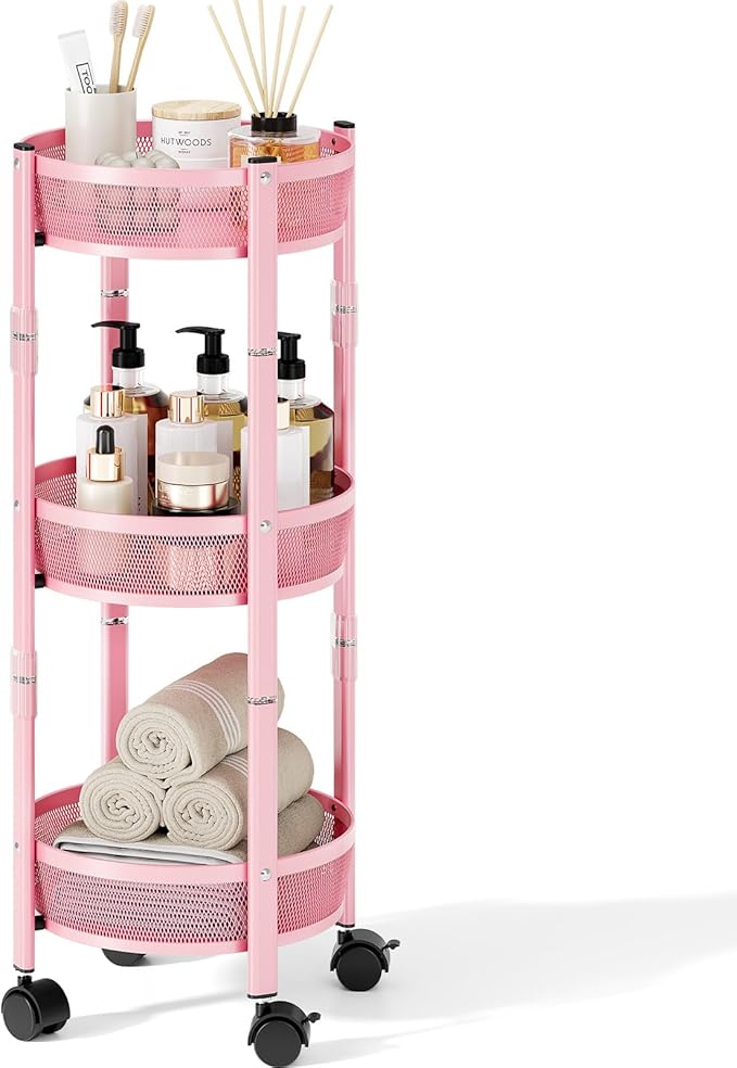 TOOLF 3-Tier Foldable Metal Storage Rolling Cart, Collapsible Utility Cart, No Assemble, Multifunction Organizer Trolley with Lockable Wheels for Kitchen, Living Room, Bathroom, Pink