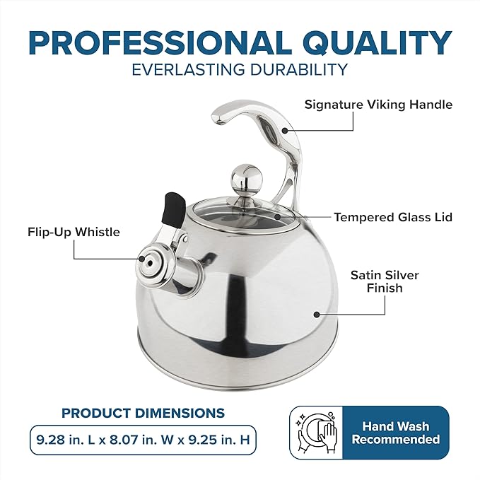 Viking 3-Ply Stainless Steel Tea Kettle, 2.6 Quart Stovetop Hot Water Pot with Tempered Glass Lid, Ergonomic Handle, Induction Ready, Satin Silver
