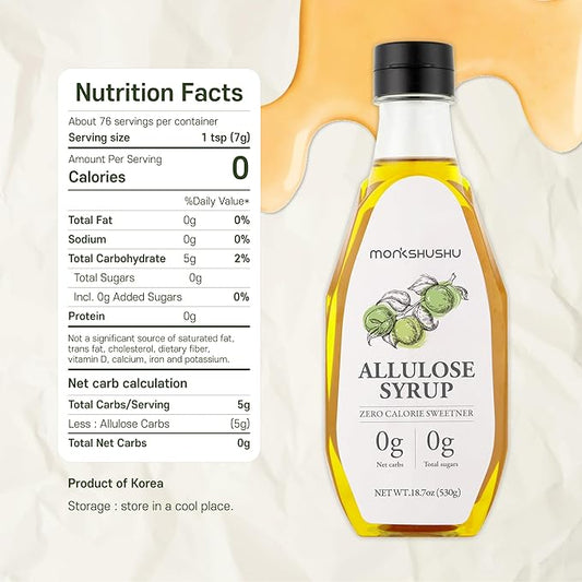 MONKSHUSHU Allulose Syrup 18.7 Fl Oz - Liquid Sweetener for Cooking, Baking, and Drinks - Keto Diet, Vegan friendly, Stevia Blend Thin Syrup - Zero Calorie Sugar Substitute - Monk Fruit - Gluten Free, 0g Net Carbs, Non-GMO