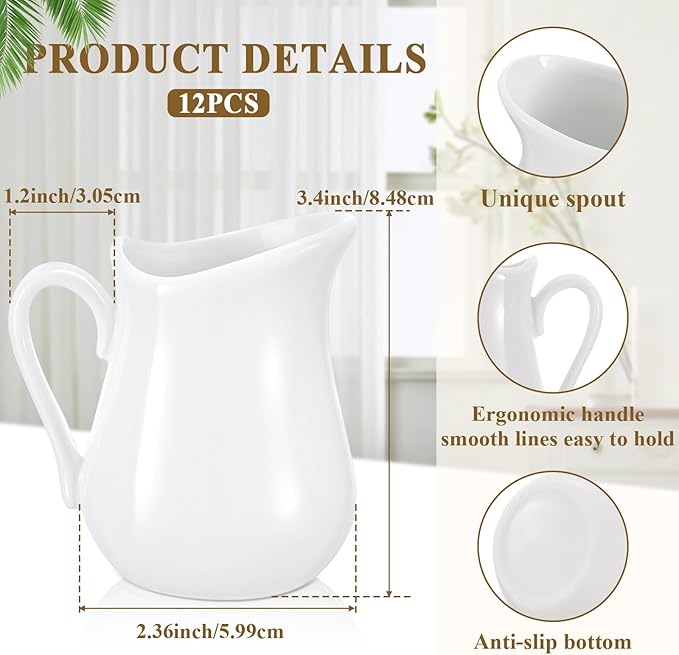 Nuanchu 12 Pcs 4.5 oz Small Creamer Milk Pitcher, Classic White Porcelain Creamer with Handle, Ceramic Maple Syrup Dispenser, Coffee Dairy Container for Milk Sauce Salad, Microwave