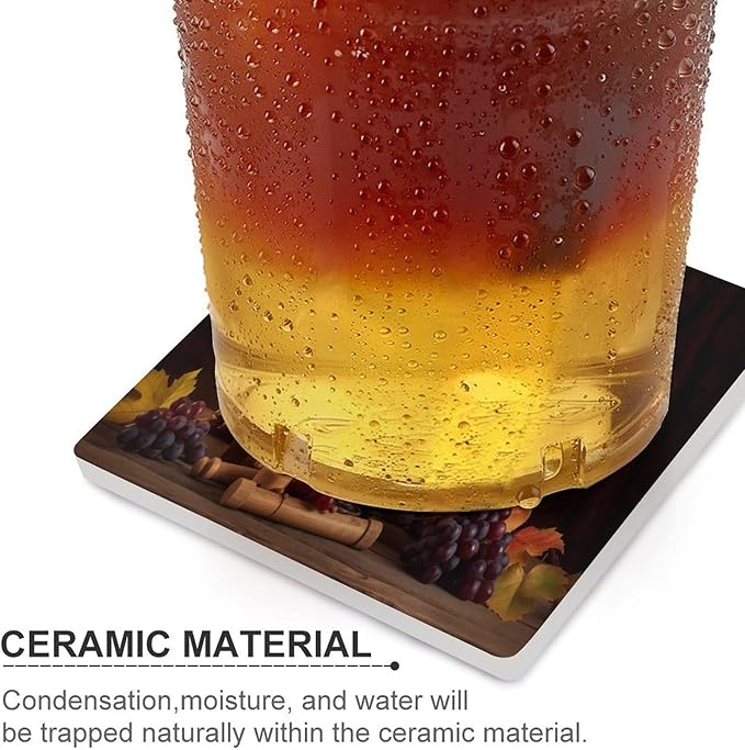 Square-6PCS Red Wine Ceramic Coasters, Square Absorbent Drink Coasters, Vintage Wood Grain Style Red Wine Grapes Maple Leaf Ceramic Table Coasters for Coffee, Beverage, Wine, Beer Coasters