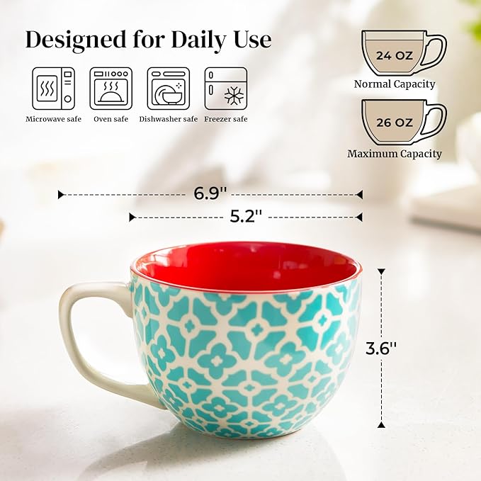 DOWAN Mosaian Soup Mugs, 24oz Large Coffee Mugs Set of 4, Soup Mugs With Handles, Ceramic Mugs for Soup/Coffee/Cereal/Latte, Thanksgiving and Christmas Gifts for Family and Friends