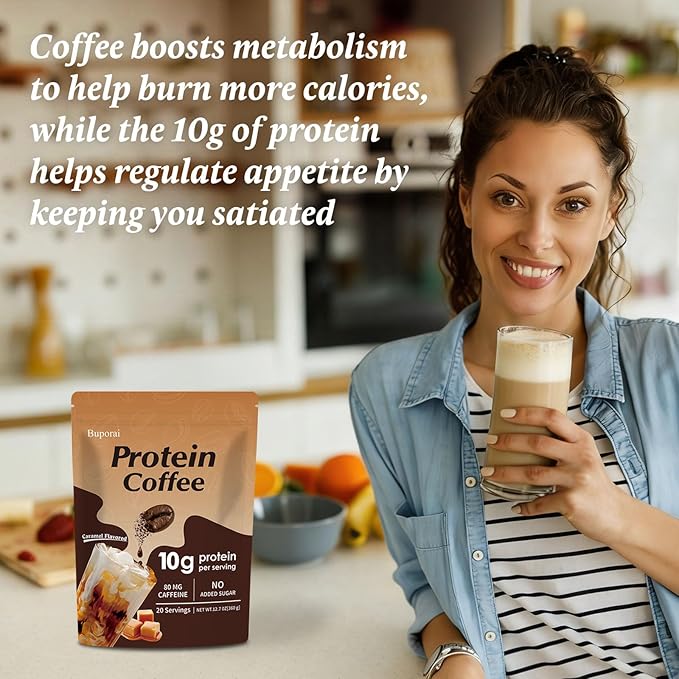 Protein Coffee Powder - Caramel Protein Iced Coffee, 0g Sugar, Keto Friendly, 80 mg Caffeine Per Serving - 20 Servings