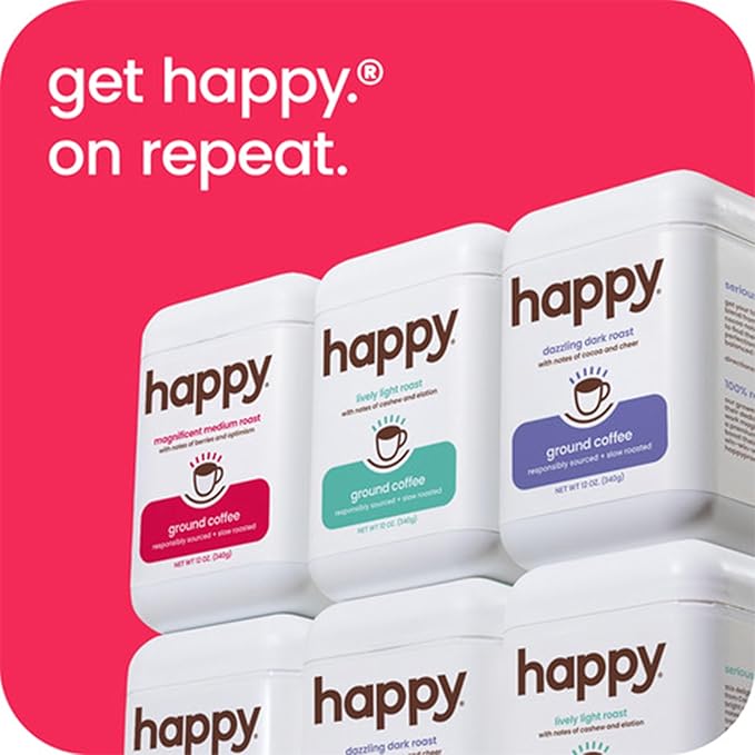 happy coffee medium roast ground coffee, 12 oz 2 pack., notes of berries & optimism, recyclable container, grown & harvested in Brazil & Colombia, raíz sustainability verified