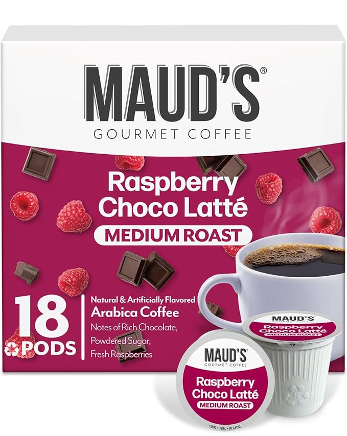 Maud's Raspberry Chocolate Flavored Coffee Pods, 18 ct, Medium Roast Flavored Coffee in Recyclable Single Serve Pods – 100% Arabica Beans, Compatible with Keurig K Cups Maker