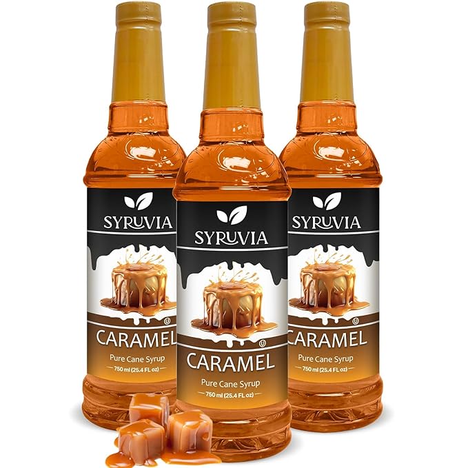 Syruvia Caramel Coffee Syrup – 25.4 fl oz – Syrup for Coffee, Lattes, Shakes, Smoothies, Desserts – 100% Vegan, Gluten Free, Kosher, Delicious Coffee Syrup, (Pack of 3)