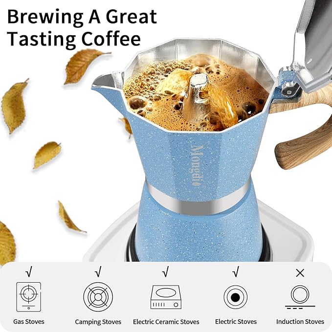 Mongdio Stovetop Espresso Maker Moka Pot, Cuban Coffee Maker Stove top coffee maker Moka Italian Espresso Greca Coffee Maker Brewer Percolator, 6 Espresso Cups, 10 oz - Blue