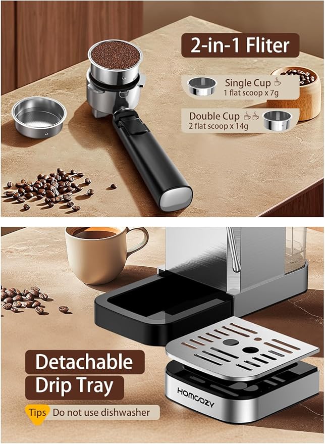 Espresso Machine 20 Bar Coffe Maker with Rapid Cold Brew, Compact Espresso Maker for Hot and Cold Cappuccino, Latte, Stainless Steel Coffee Machines with 1200ml Removable Water Tank