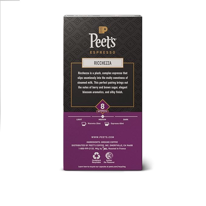 Peet's Coffee, Medium Roast Espresso Capsules, Compatible with Nespresso Original Machine, 100% Arabica Coffee - Ricchezza Intensity 8, 50 Count (5 Boxes of 10 Espresso Capsules)