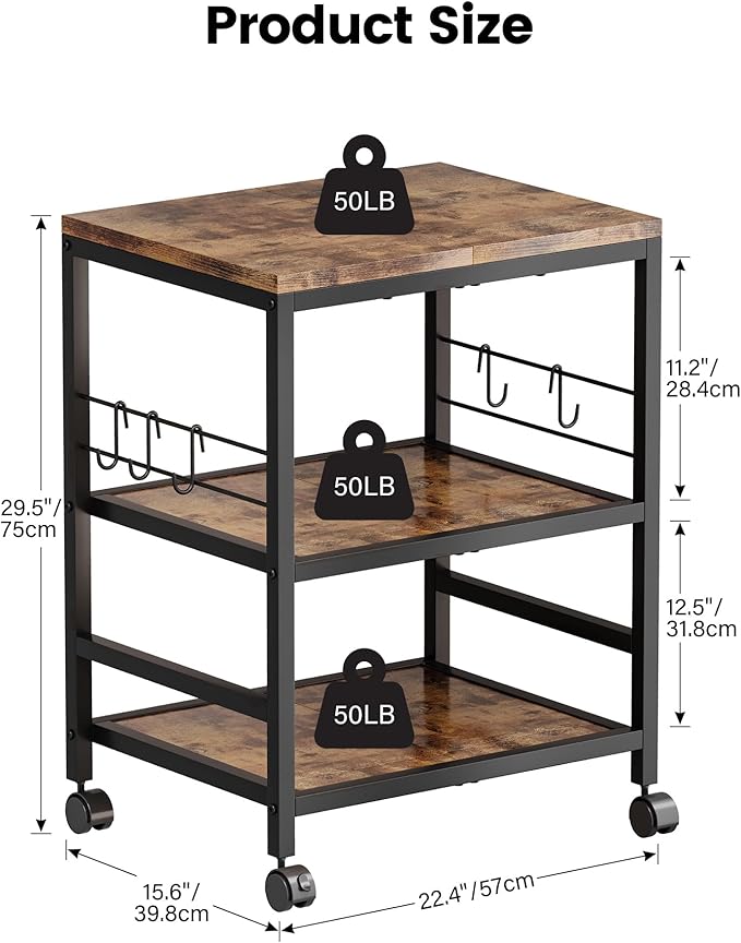 Homeiju 3-Tier Wooden Microwave Cart with Storage, 22.4''W Microwave Stand Coffee Cart Rolling Kitchen Utility Cart with Wheels, 5 Hooks, Rustic Brown and Black