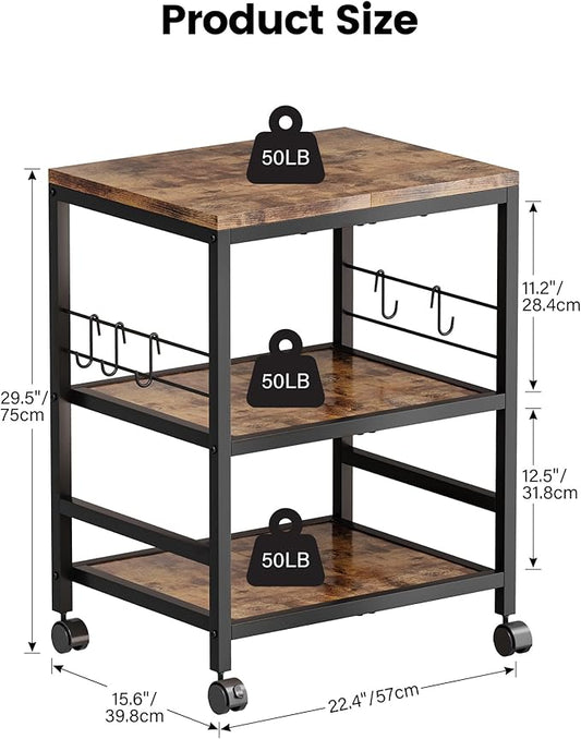 Homeiju 3-Tier Wooden Microwave Cart with Storage, 22.4''W Microwave Stand Coffee Cart Rolling Kitchen Utility Cart with Wheels, 5 Hooks, Rustic Brown and Black