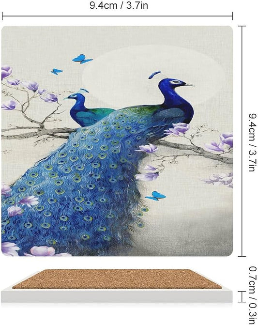 Square-6PCS Peacock Drink Coasters, Square Modern Ceramic Absorbent Coasters, Vintage Style Beautiful Blue Peacock Floral Decor Desk Coffee Table Coaster for Beverage Cup Tea Coasters
