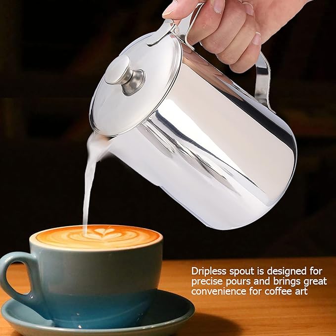 Milk Frothing Pitcher, Stainless Steel Pitcher with Lid Milk Frother Cup Milk Jug Coffee Creamer Container Creamer Dispenser Milk Steamer Cup Milk Cup with Lid for Latte Coffee Art(1500ML)