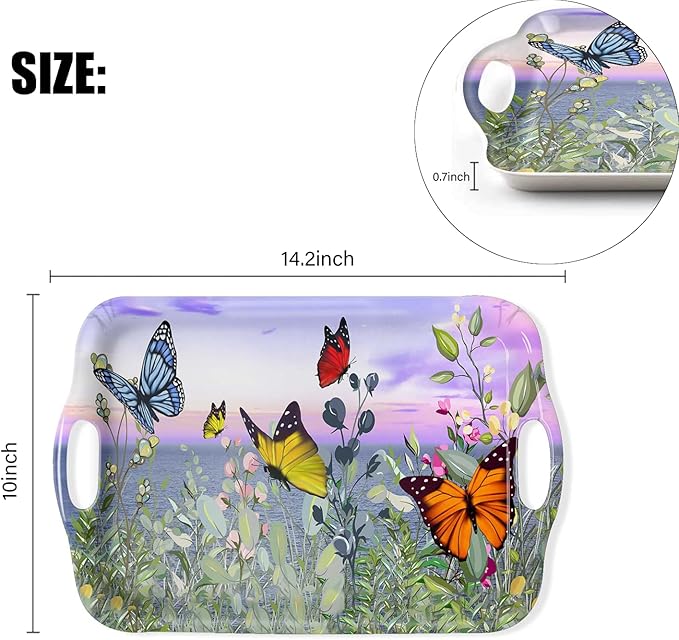 Serving Tray Decorative Tray with Handles Multi-Purpose Rectangular Serving Trays for Restaurant, Parties, Coffee Table, Kitchen - Butterfly Flying Flower