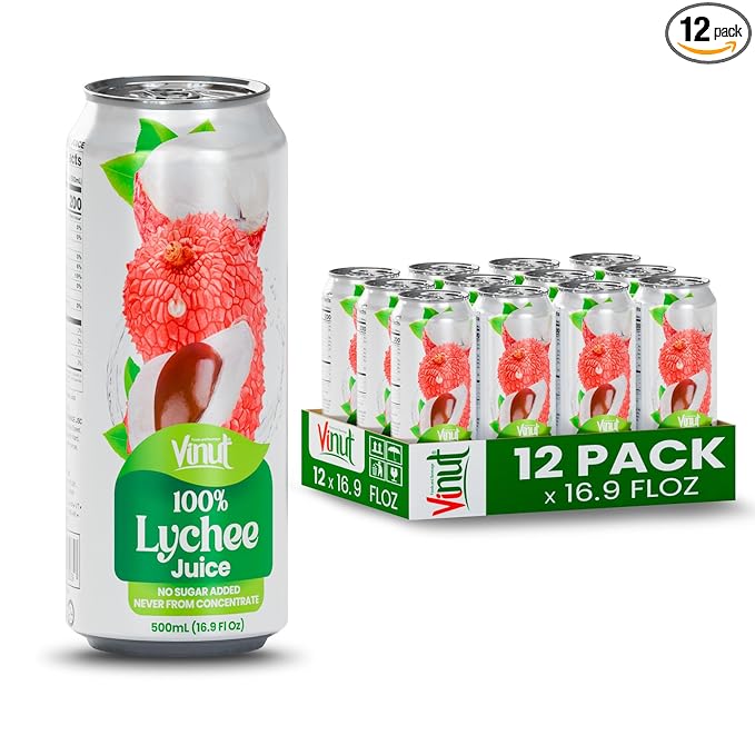 VINUT 100% Lychee Juice, No Added Sugar, Not From Concentrate, 16.9 fl oz (500 mL) Can, Pack of 12
