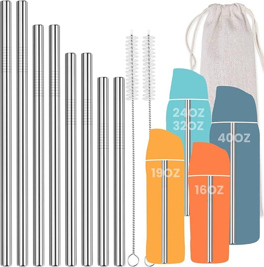 NiHome 8PCS Stainless Steel Straws for Owala Water Bottle, 4 Lengths Compatible with FreeSip 19oz 24oz 32oz 40oz, Tritan 25oz, Kids’ FreeSip 16oz, with Cleaning Brush & Travel Storage Bag (Silver)