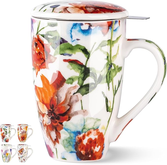 GBhome Tea Mug with Infuser and Lid, 18 Ounce Large Ceramic Loose Leaf Cup, Microwave, Dishwasher Safe, Perfect for Tea Lovers