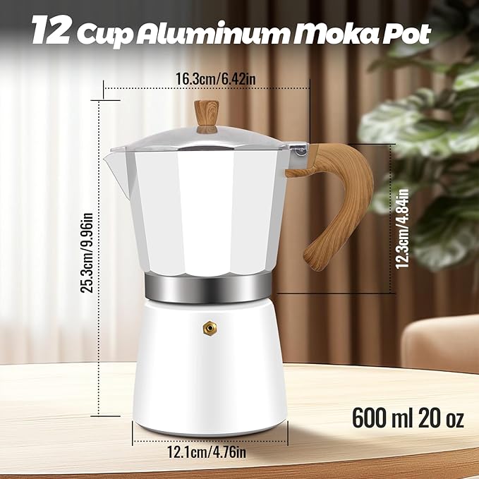 Vaolvpant 12 Cup Aluminum Moka Pot Classic Stovetop Espresso Coffee Maker 600ml 20oz Coffeemaker Percolator Mocha Express Preferred Cafe Makers for Italian and Cuban Café Brewing White