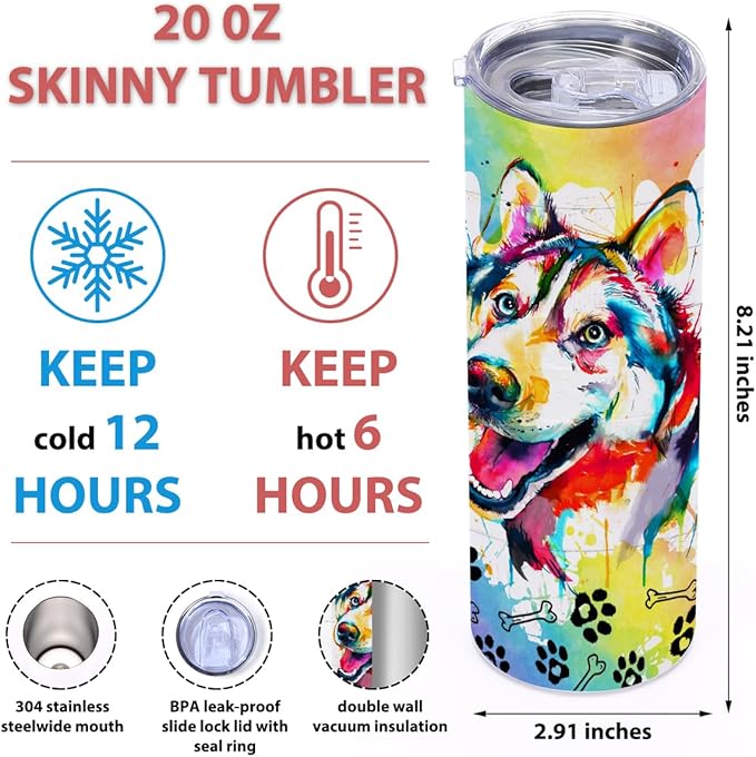 Siberian Husky Gifts, 20 Oz Straight Skinny Tumblers, Stainless Steel Tumbler, Double Wall Vacuum Travel Mug, Dog Stuff Animal Coffee Cup, Insulated Coffee Mug Thermal Cup for Home, Office, Outdoor