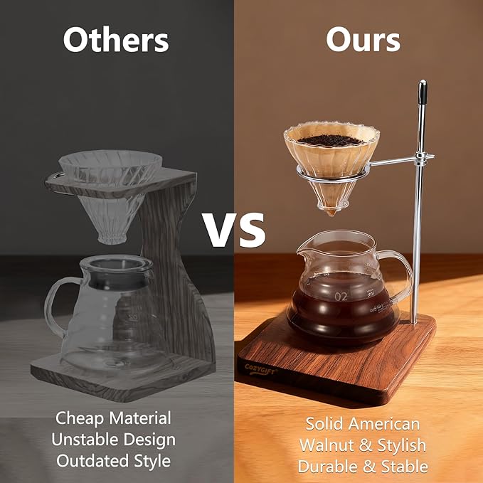 COZYGIFT Pour Over Coffee Maker Stand with American Black Walnut Base, Stainless Steel Adjustable Dripper Holder, Wooden Brewing Station, Cone Brewer Rack, Barista Accessories & Kitchen Coffee Décor