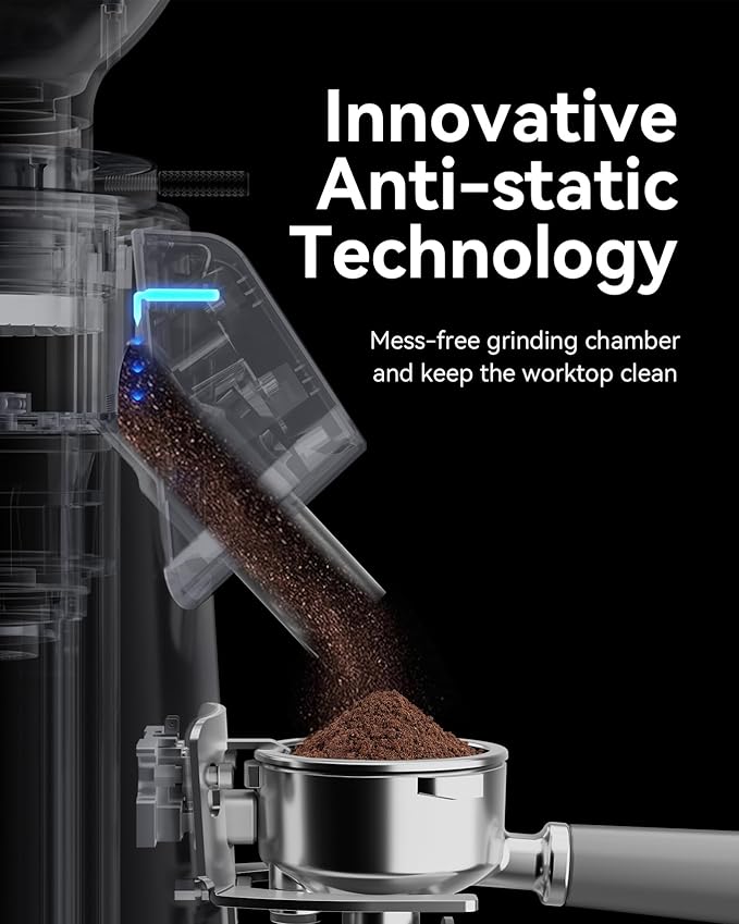 MOKKOM Professional 64mm Plated Flat Burr Coffee Grinder with 100 Grind Settings, All-Metal Stainless Steel Body, Coffee Bean Grinder with Adjustable Electronic Timer, Anti-Static, LED Display