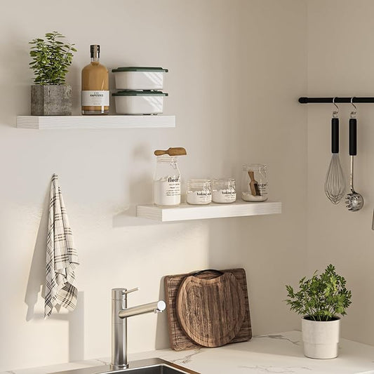 Floating Shelves for Wall, 24" W x 6.7" D x 1.5" H, Wooden Wall Mounted Display Shelves with Invisible Brackets for Living Room, Bedroom, Bathroom, Kitchen Decor and Storage, Set of 2, White