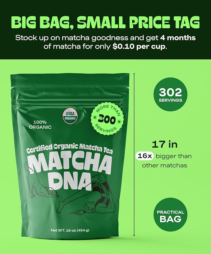 MATCHA DNA Certified Organic Matcha Green Tea Powder (16 oz BAG)
