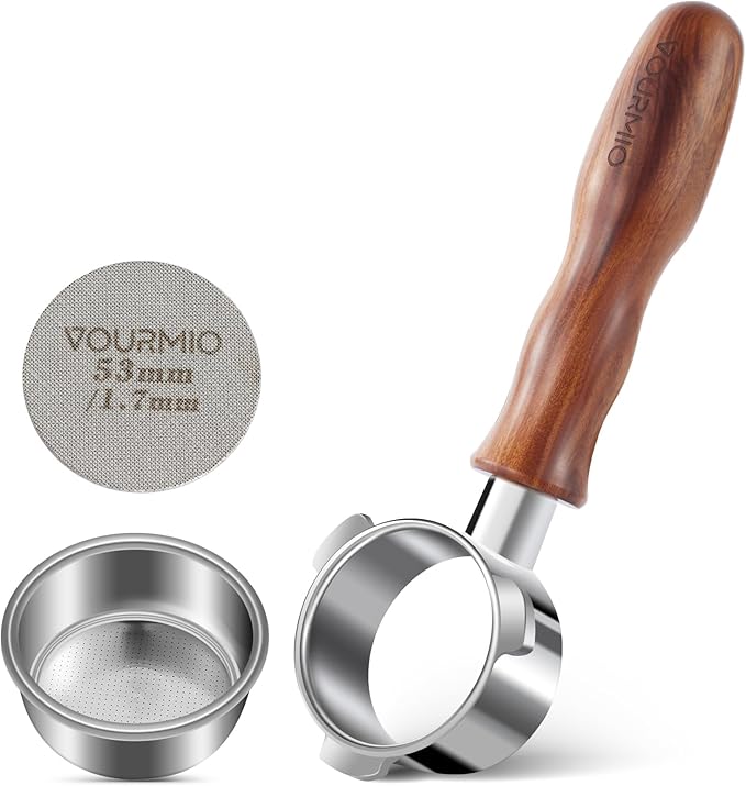VOURMIO 54mm Bottomless Portafilter - Breville Compatible Naked Portafilter, Rosewood Handle & 18-20g Filter Basket & Puck Screen Included, Fits Barista Express, Pro, Touch, Bambino Plus, Infuser