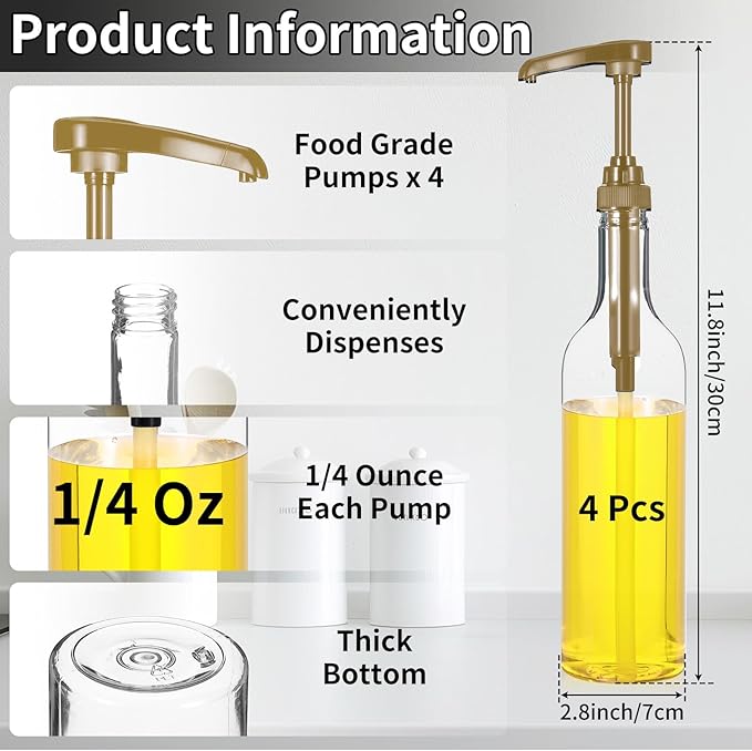 4 Pcs Coffee Syrup Dispenser, 750ml Syrup Bottles, Syrup Dispenser for Coffee Bar With Large Leakproof Gold Pump, Coffee Syrup Gold Pump Bottles for Coffee Bar Accessories Essentials