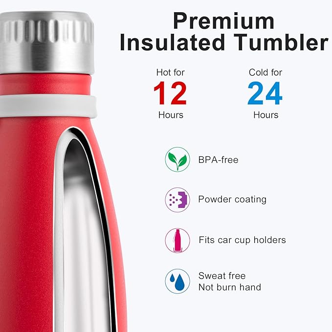koodee Insulated Water Bottle-2 Pack Stainless Steel Double Wall Vacuum Leak Proof Cola Shape Sports Water Bottle Keeps Hot & Cold, BPA Free (2 Pack Canyon Red)