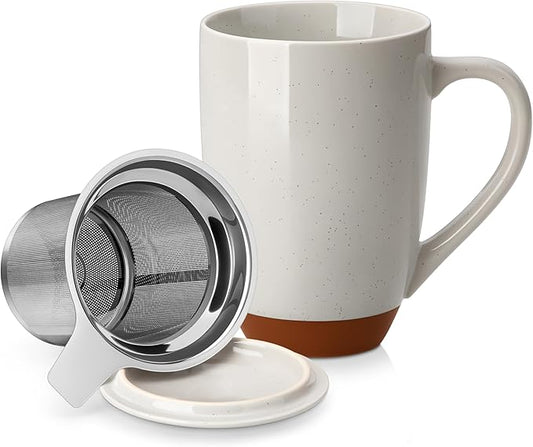 MALACASA Ceramic Tea Mug with Lid and Stainless Steel Infuser, 18 oz Large Tea Cup for Loose Leaf Tea, Heat-Resistant, Microwave & Dishwasher Safe, Speckled Glaze Coffee & Tea Brewer Mug, Khaki Gray
