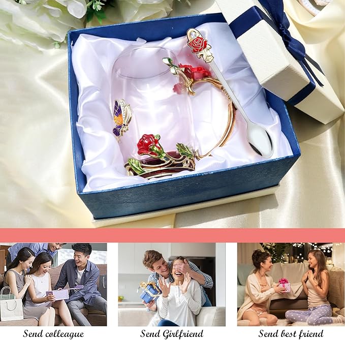 Flower Tea Cup ,Butterfly Rose Clear Glass Fancy Coffee Mug with Spoon,Gift Box for Her Mom Wife Grandma Girls Friends Valentines Christmas Birthday Present Idea for Juice,Hot And Cold Drinks Use