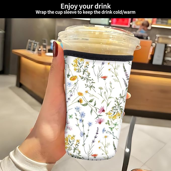 Reusable Neoprene Insulator Sleeve for Iced Coffee Cold Soda Cups, Cute Durable Drink Sleeve for Cold Beverages, Medium 22-28oz Cup Sleeve Beautiful Flowers