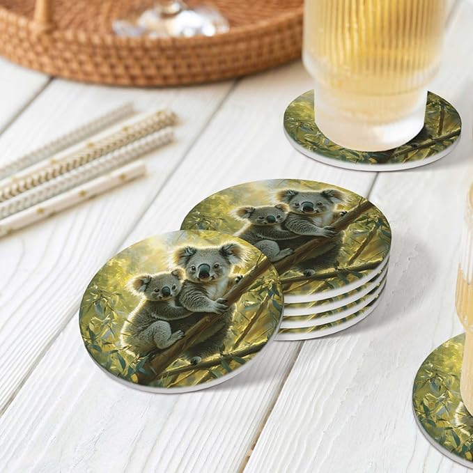 Koala Leaves Pattern Coasters for Drinks Absorbent Round Ceramic Coasters Set of 4 Non-Slip Cup Coaster with Cork Base for Coffee Table Drink Home Decor Tabletop Protection