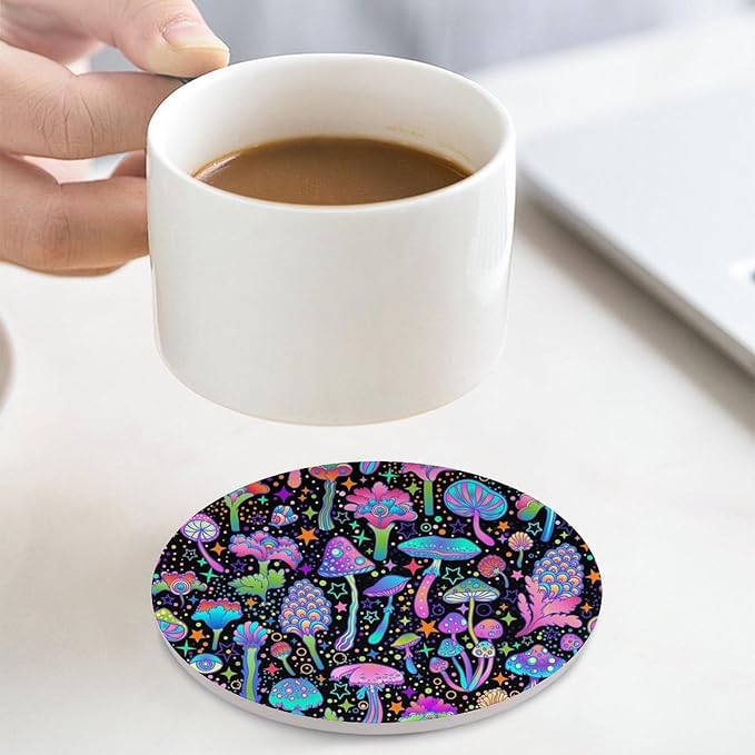 Botanical Drink Coasters, Round Ceramic Drink Coaster Round-4PCS, Psychedelic Fantasy Magic Colorful Trippy Botanical Mushrooms Decor Absorbent Ceramic Coasters for Beverage Cup, Bar, Coffee Table