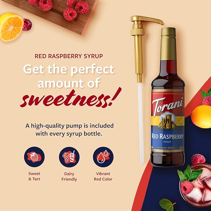 Torani Red Raspberry Syrup for Drinks, Flavoring for Iced Tea, Sodas, Cocktails, and Milk Shakes, Pump Included, 25.4 Oz
