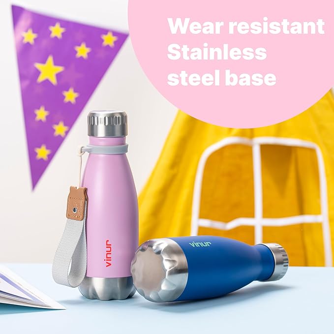 VINUR Kids 9 oz Water Bottle-Stainless Steel Insulated Mini Travel Water Bottle for Girls-Cola Shape Sports Flask with Carry Rope, Purple Pink