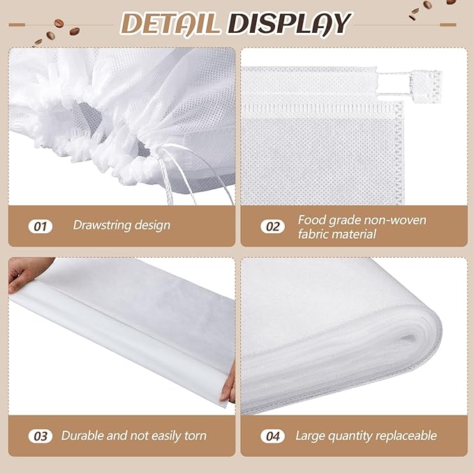 Cinnvoice 100 Pcs 20" x 20" Commercial Home Cold Brew Coffee Filter Bags with Drawstring, Disposable for Commercial Home Cold Brew Coffee Makers