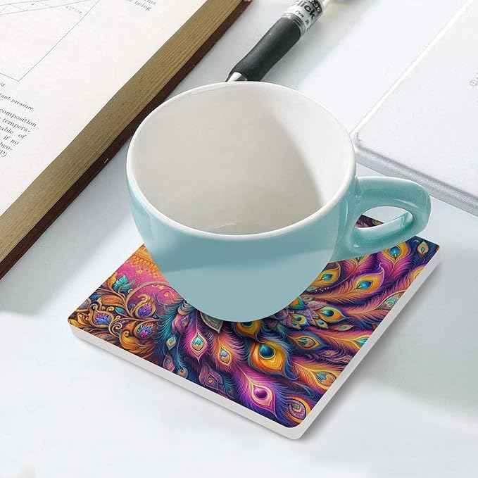 Square-6PCS Peacock Drink Coasters, Square Modern Ceramic Absorbent Coasters, Boho Art Beautiful Colorful Floral Peacock Pattren Decor Desk Coffee Table Coaster for Beverage Cup Tea Coasters