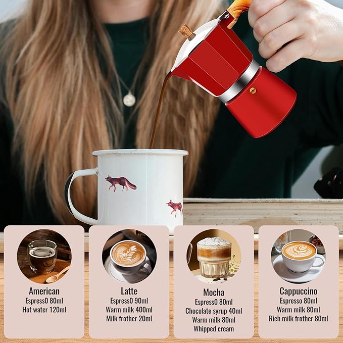 Vaolvpant 3 Cup Aluminum Moka Pot Classic Stovetop Espresso Coffee Maker 150ml 5oz Coffeemaker Percolator Mocha Pot Greca Coffee Maker Cafe Makers for Italian and Cuban Café Brewing Red