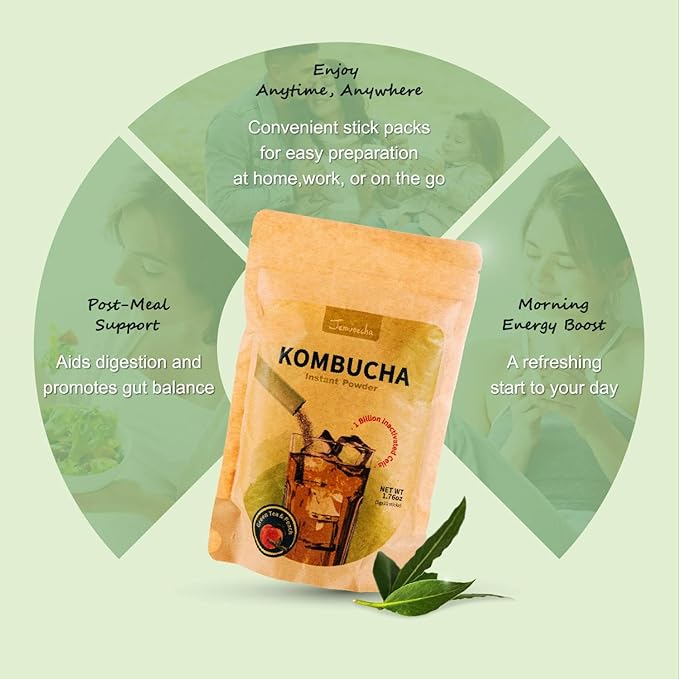 Jemutecha Green Kombucha Tea Powder, Organic, Low Sugar, Live Probiotics & Postbiotics, Antioxidant, Gluten Free, Healthy Drink Supports Gut Health, 10 Sticks, 1.76oz