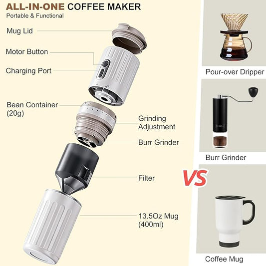 ALL-IN-ONE Portable Coffee Maker with Grinder and Pour Over for Travel, Rechargeable, Conical Burr, Cordless Mini Coffee Maker for Car, Camping, RV, Van