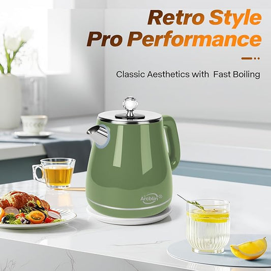 Retro Electric Kettle 1.8L, All Stainless Steel Hot Water Electric Kettle for Boiling Water, BPA Free Tea Kettle, 1350W Fast Boil, Auto Shut Off & Boil-Dry Protection