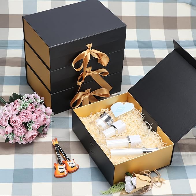 4 Pack 12x9x4 Inches Gift Boxes with Magnetic Closure Lids, Black-Gold Magnetic Box with Ribbon for Wedding, Groomsmen Bridesmaid Proposal, Birthdays, Mother's Day