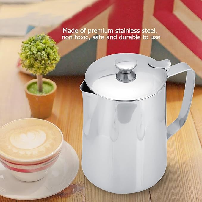 Stainless Steel Pitcher with Lid, 600ml Stainless Steel Milk Frothing Pitcher Coffee Latte Frothing Art Jug Pitcher Mug Cup for Latte Coffee Art for Office Kitchen